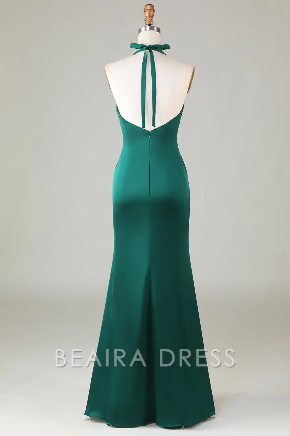 Beaira Elegant Dark Green Mermaid Halter V Neck Open Back Satin Ruched Long Bridesmaid Dress
