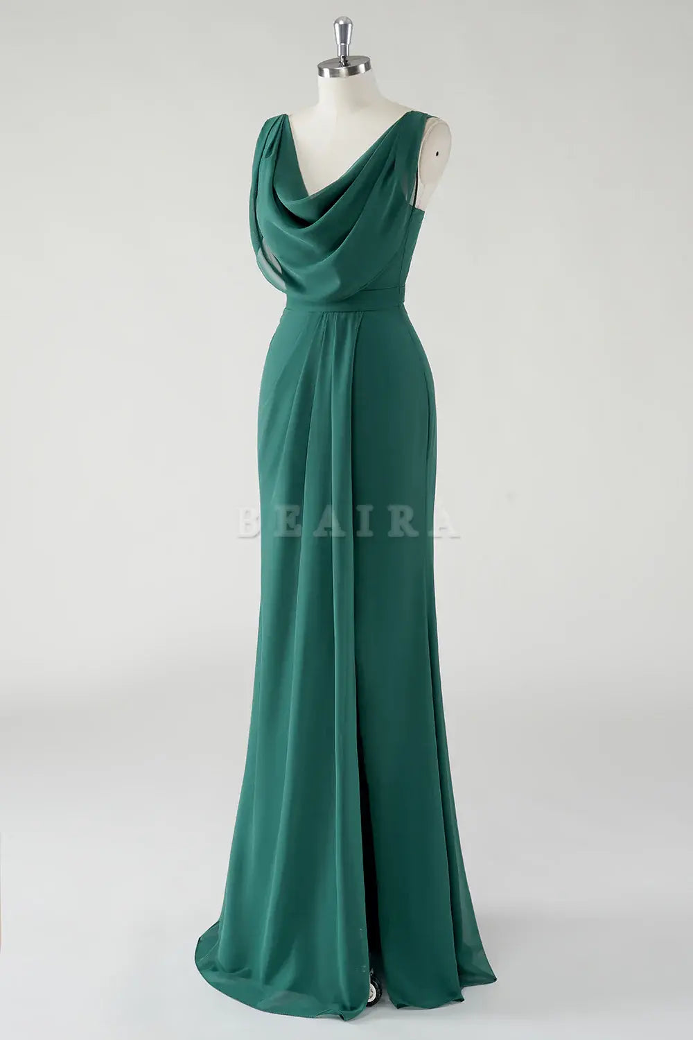 Beaira Elegant Dark Green Sheath Cowl Neck Chiffon Floor Length Bridesmaid Dress with Slit