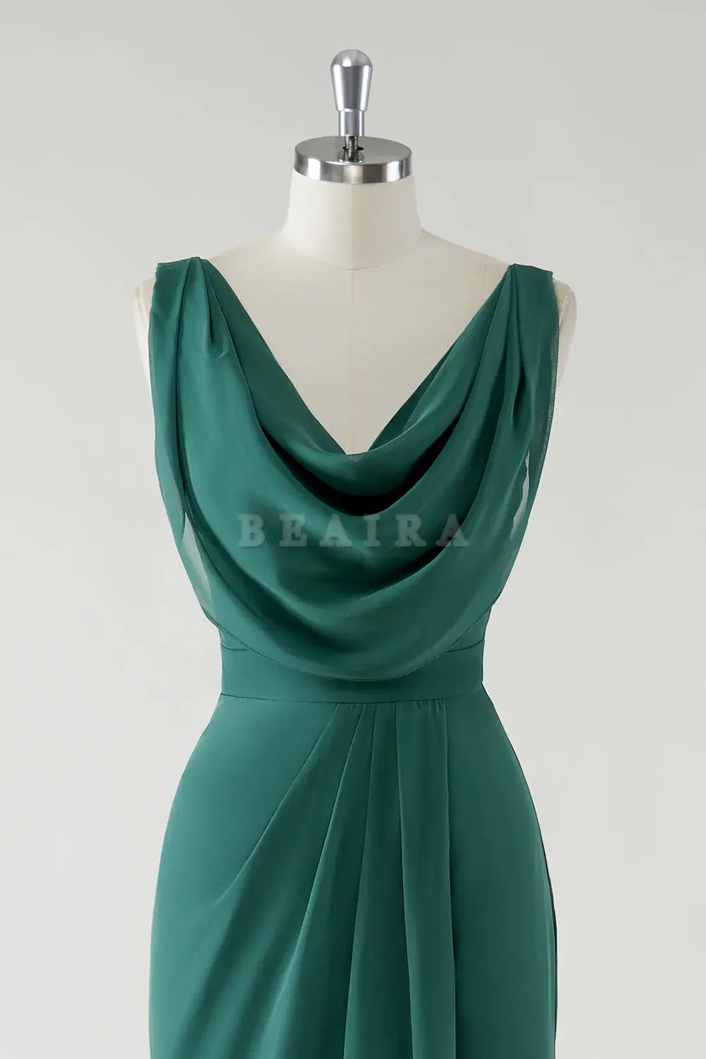 Beaira Elegant Dark Green Sheath Cowl Neck Chiffon Floor Length Bridesmaid Dress with Slit