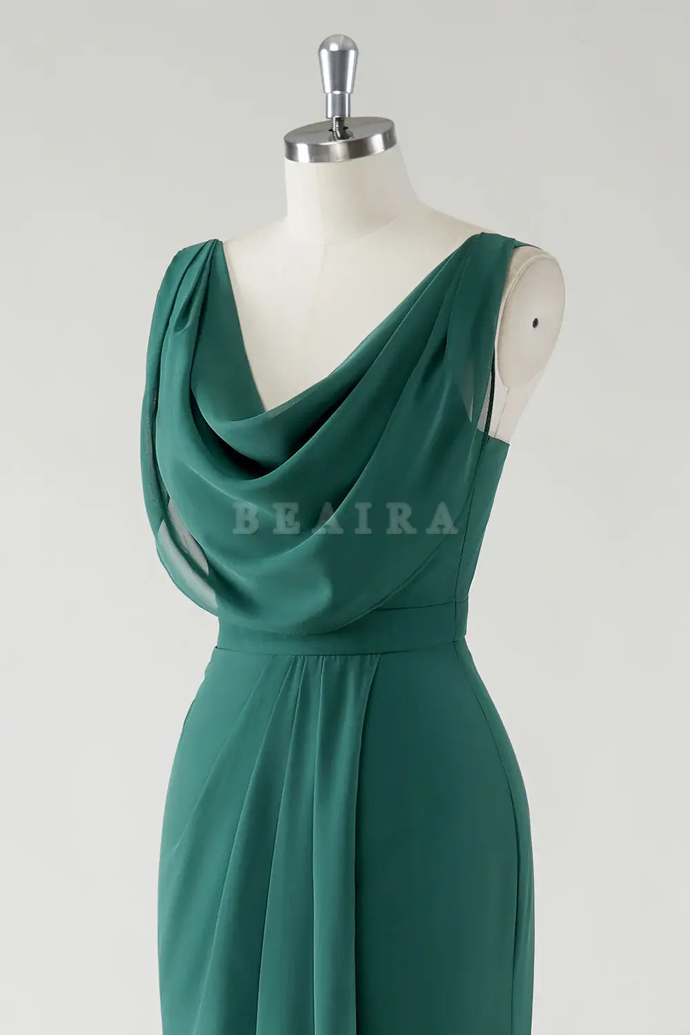 Beaira Elegant Dark Green Sheath Cowl Neck Chiffon Floor Length Bridesmaid Dress with Slit