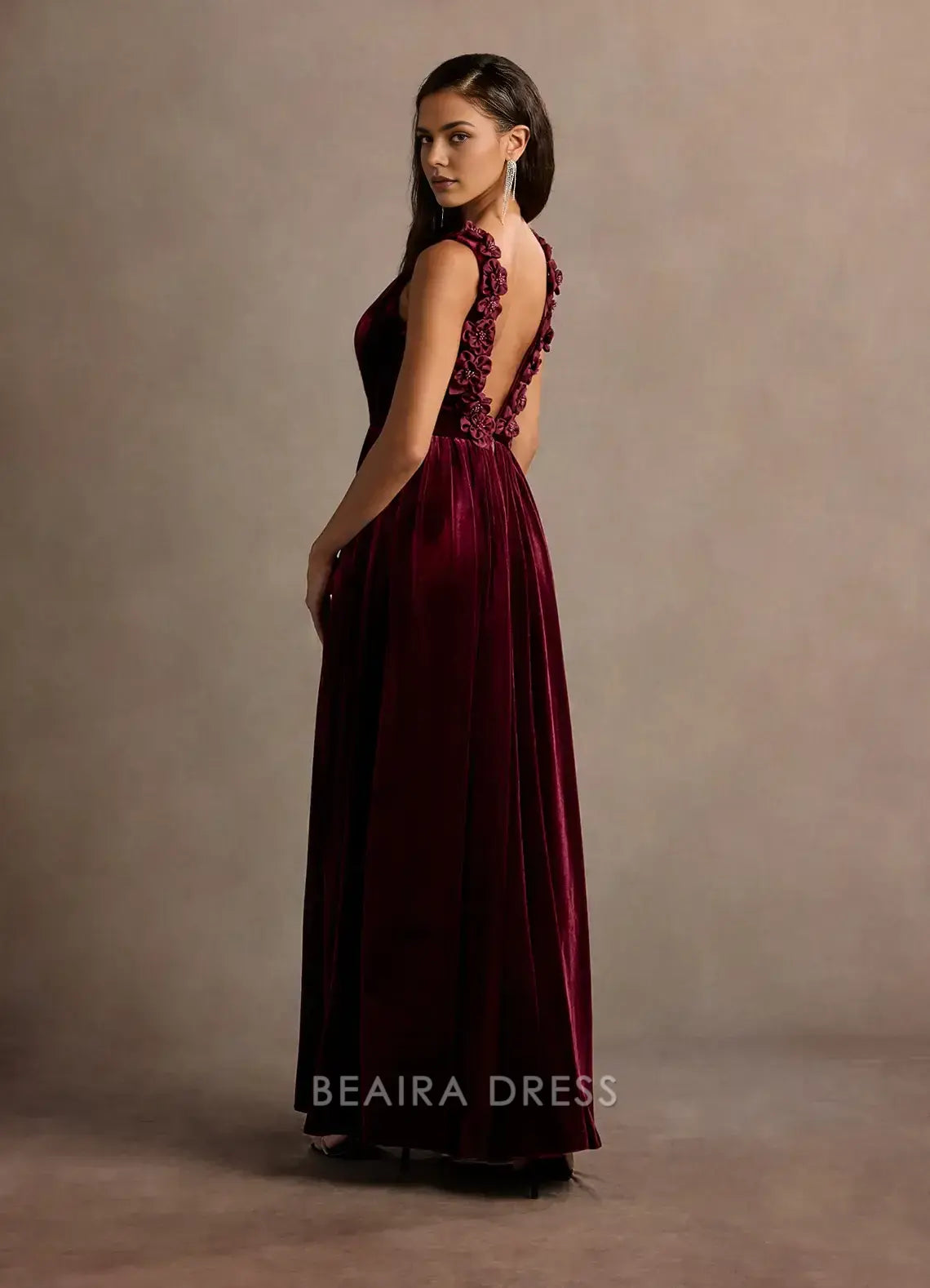 Elegant Deep V - Neck Velvet Maxi Dress with Side Slit and Floral Back Detail Prom Dress