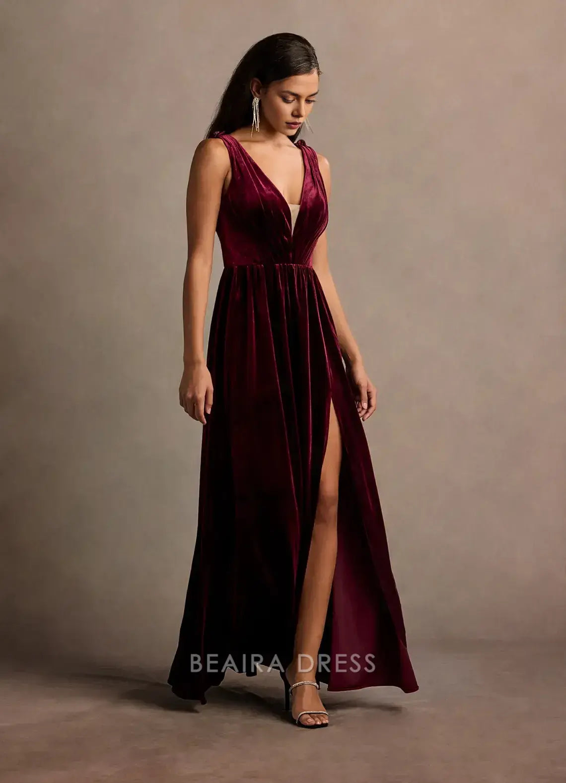 Elegant Deep V - Neck Velvet Maxi Dress with Side Slit and Floral Back Detail Prom Dress