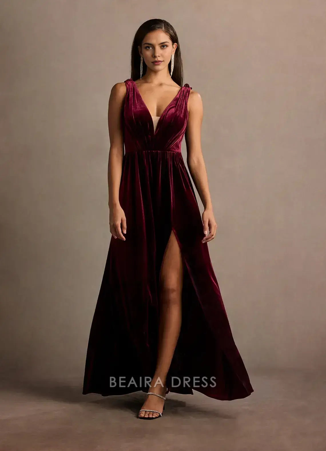 Elegant Deep V - Neck Velvet Maxi Dress with Side Slit and Floral Back Detail Prom Dress