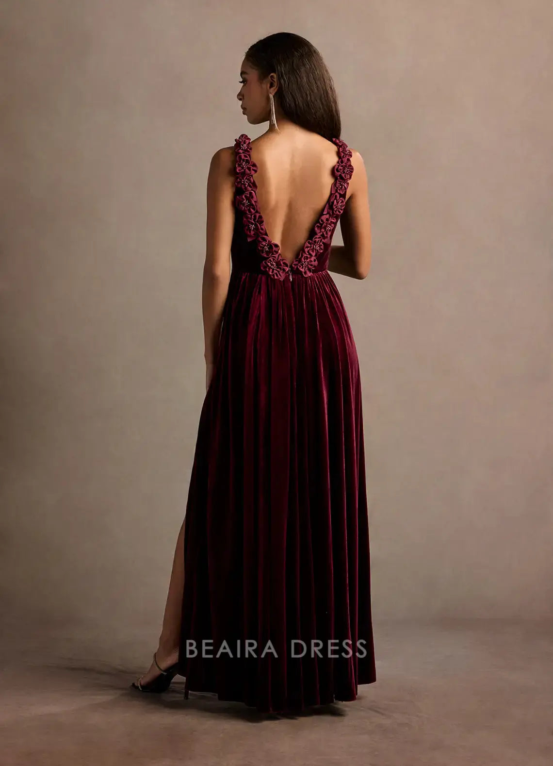Elegant Deep V - Neck Velvet Maxi Dress with Side Slit and Floral Back Detail Prom Dress
