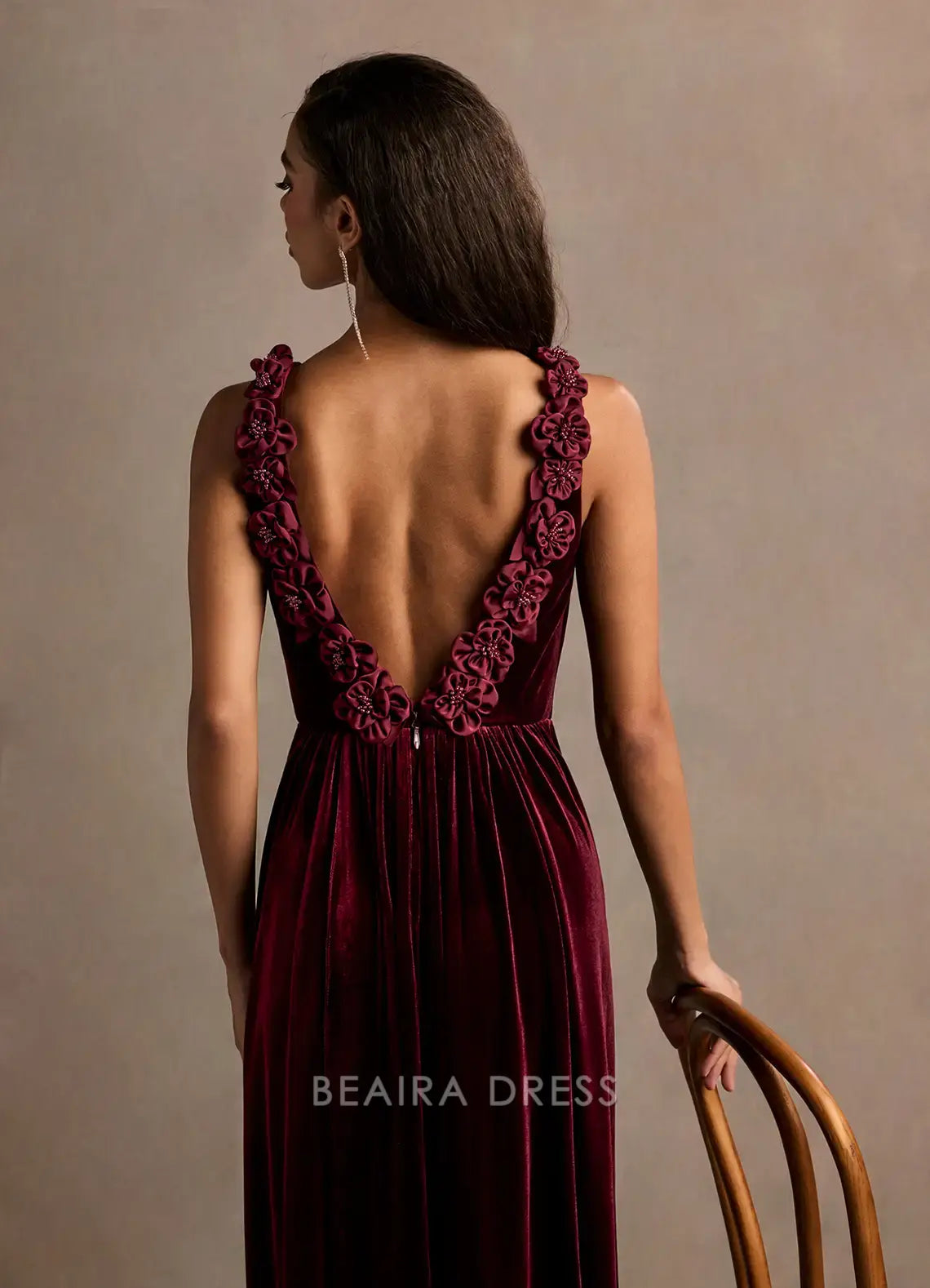 Elegant Deep V - Neck Velvet Maxi Dress with Side Slit and Floral Back Detail Prom Dress
