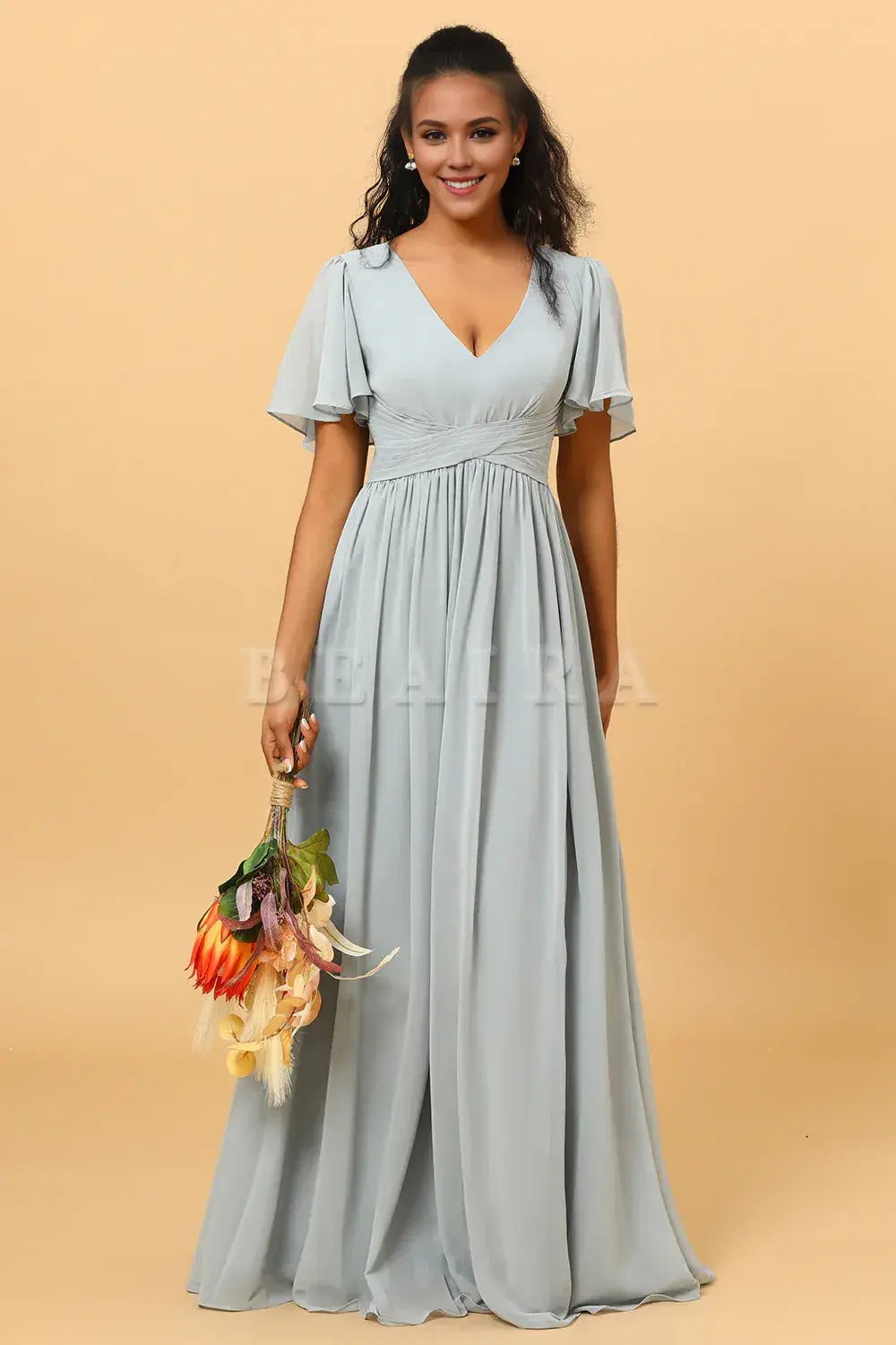 Beaira Elegant Dusty Blue A Line V Neck Short Sleeves Long Chiffon Bridesmaid Dress New Arrivals