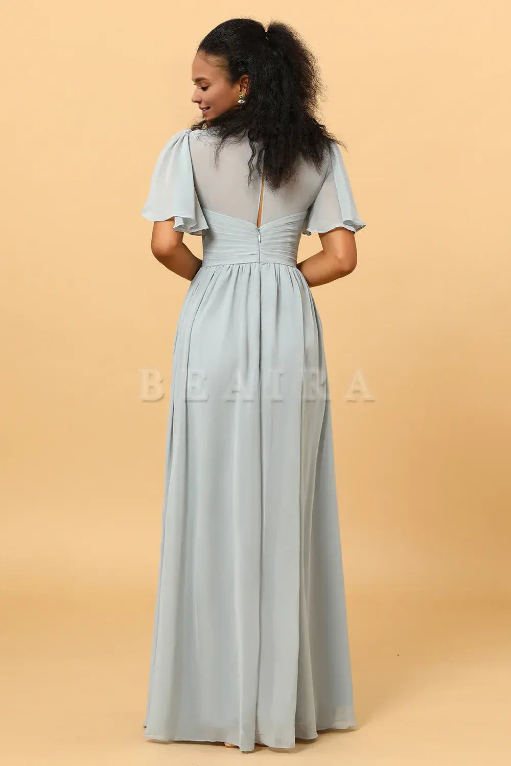 Beaira Elegant Dusty Blue A Line V Neck Short Sleeves Long Chiffon Bridesmaid Dress New Arrivals
