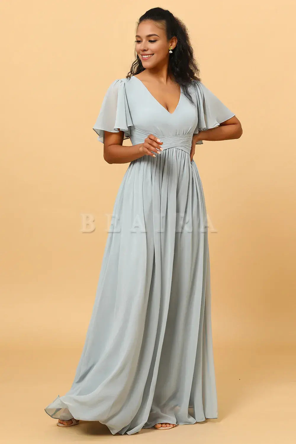 Beaira Elegant Dusty Blue A Line V Neck Short Sleeves Long Chiffon Bridesmaid Dress New Arrivals