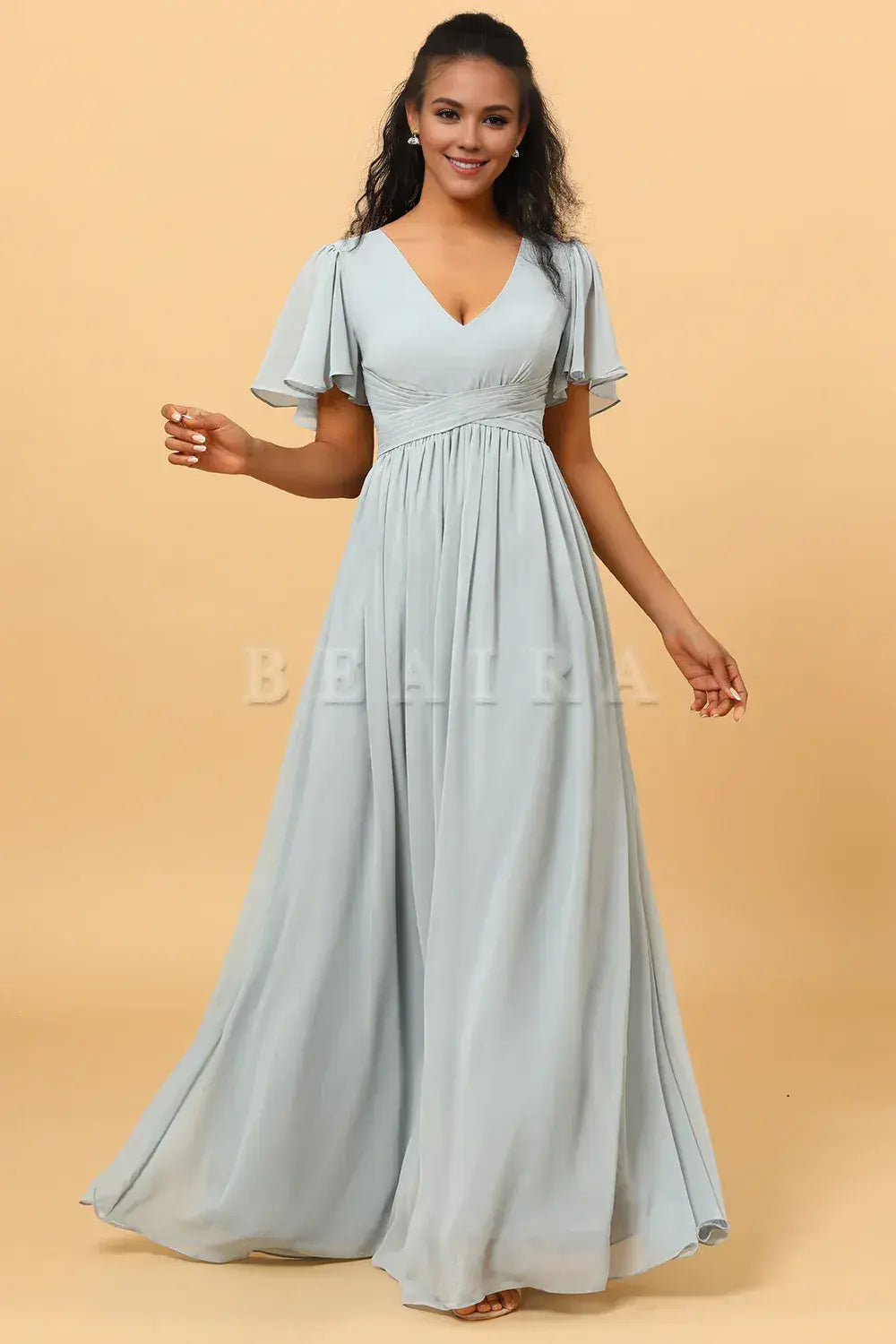Beaira Elegant Dusty Blue A Line V Neck Short Sleeves Long Chiffon Bridesmaid Dress New Arrivals