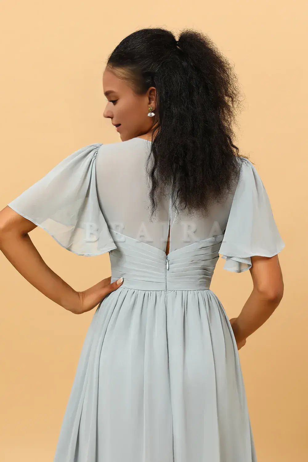 Beaira Elegant Dusty Blue A Line V Neck Short Sleeves Long Chiffon Bridesmaid Dress New Arrivals