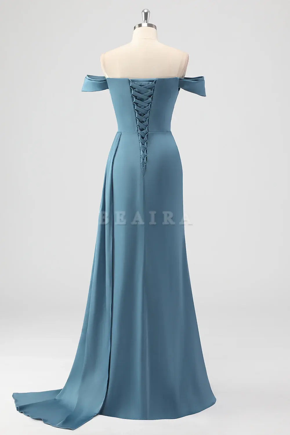 Beaira Elegant Dusty Blue Mermaid Off The Shoulder Side Streamer Ruched Satin Long Bridesmaid Dress with Slit