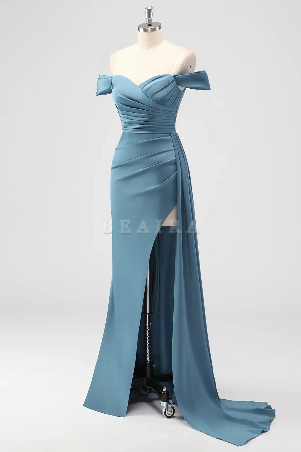 Beaira Elegant Dusty Blue Mermaid Off The Shoulder Side Streamer Ruched Satin Long Bridesmaid Dress with Slit