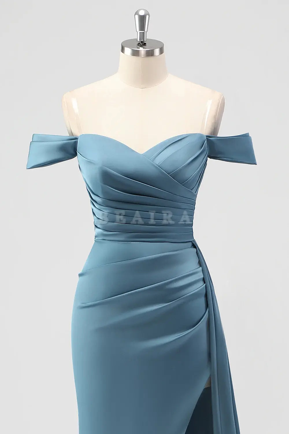 Beaira Elegant Dusty Blue Mermaid Off The Shoulder Side Streamer Ruched Satin Long Bridesmaid Dress with Slit
