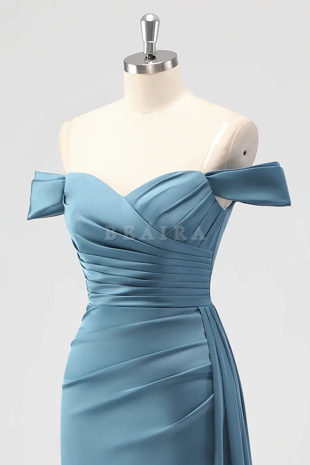Beaira Elegant Dusty Blue Mermaid Off The Shoulder Side Streamer Ruched Satin Long Bridesmaid Dress with Slit