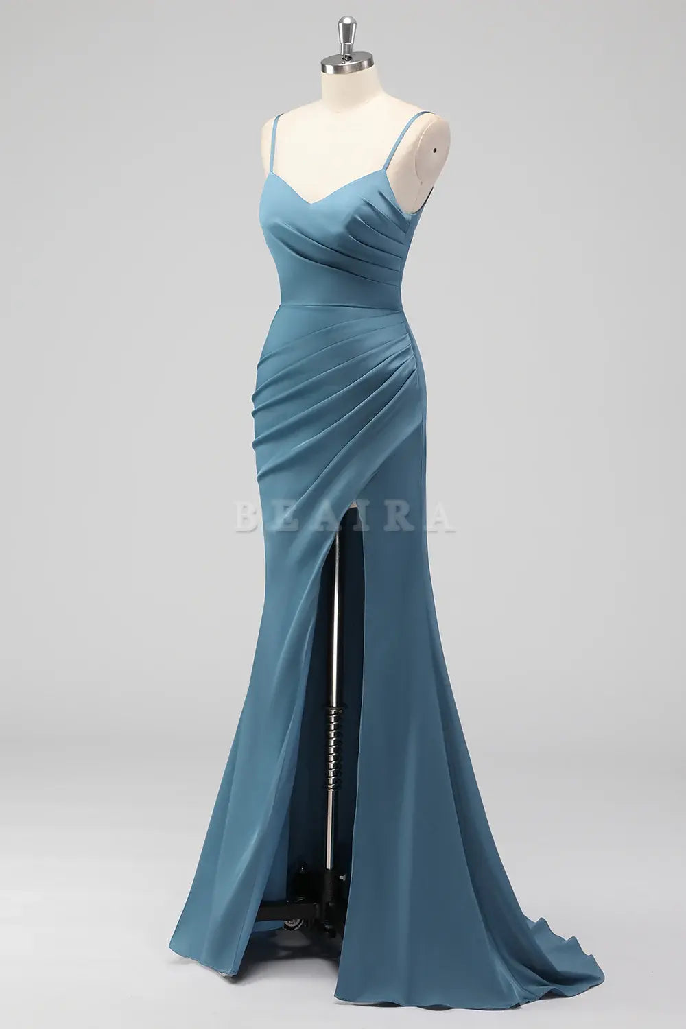Beaira Elegant Dusty Blue Mermaid Spaghetti Straps Pleated Satin Long Bridesmaid Dress with Slit