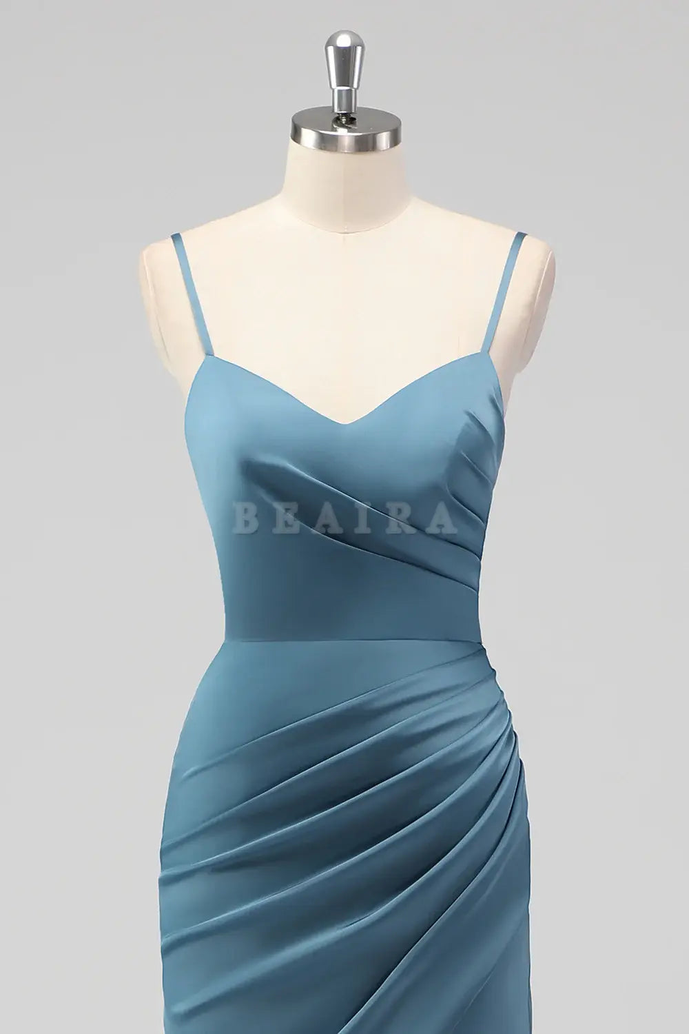 Beaira Elegant Dusty Blue Mermaid Spaghetti Straps Pleated Satin Long Bridesmaid Dress with Slit