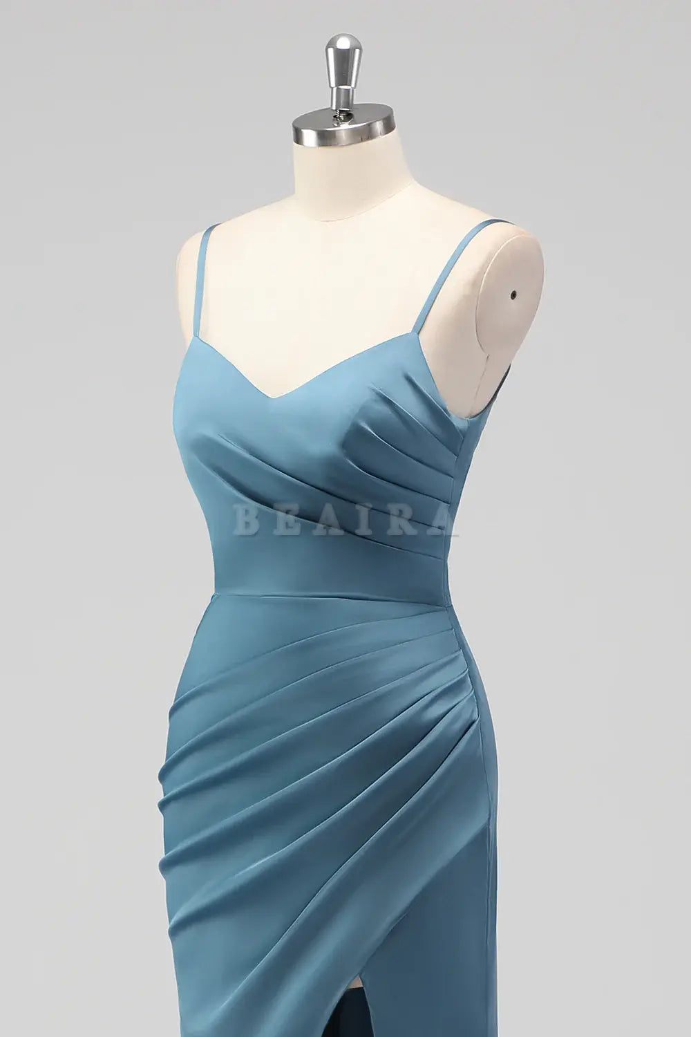Beaira Elegant Dusty Blue Mermaid Spaghetti Straps Pleated Satin Long Bridesmaid Dress with Slit