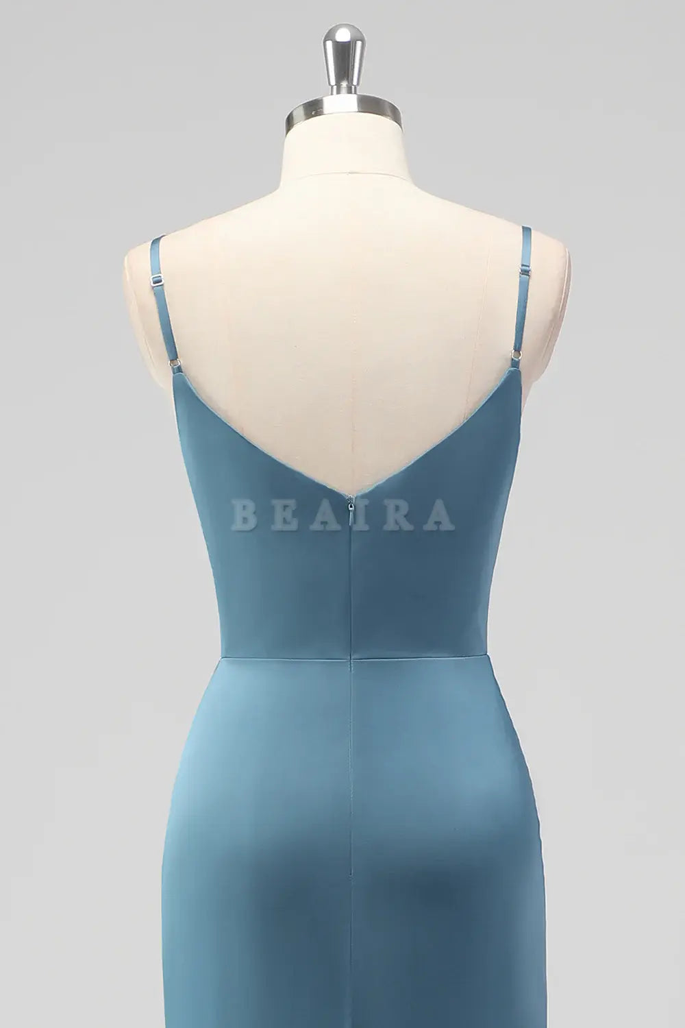 Beaira Elegant Dusty Blue Mermaid Spaghetti Straps Pleated Satin Long Bridesmaid Dress with Slit