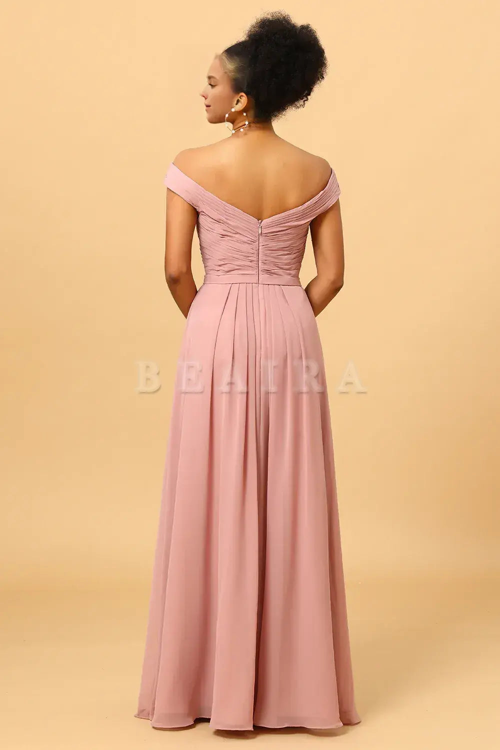 Beaira Elegant Dusty Rose Ruched Long Chiffon Bridesmaid Dress with Slit New Arrivals