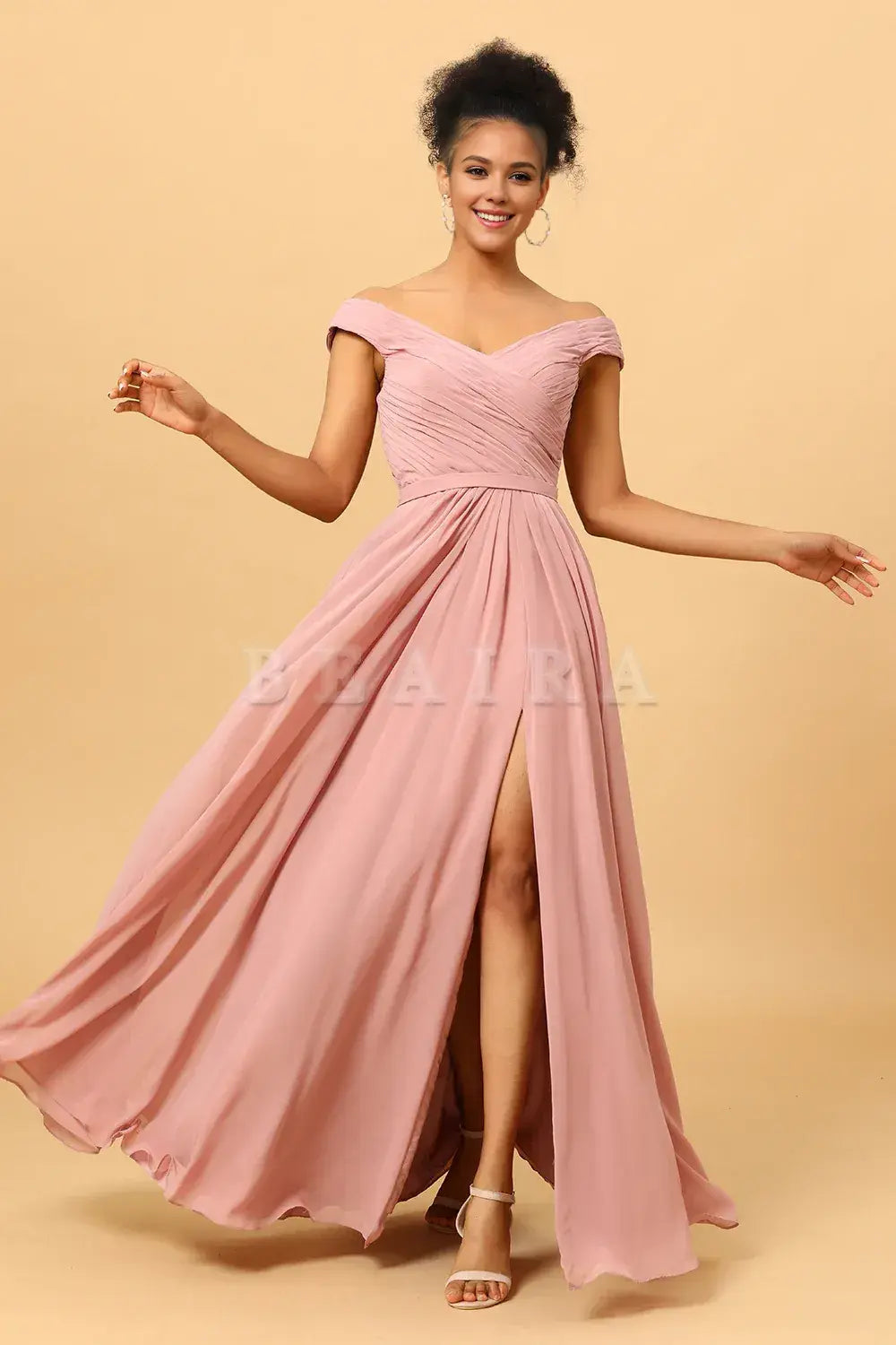 Beaira Elegant Dusty Rose Ruched Long Chiffon Bridesmaid Dress with Slit New Arrivals