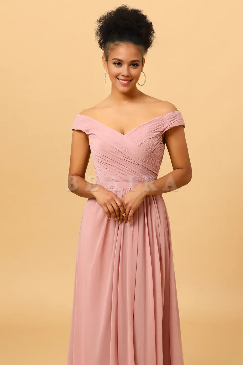 Beaira Elegant Dusty Rose Ruched Long Chiffon Bridesmaid Dress with Slit New Arrivals