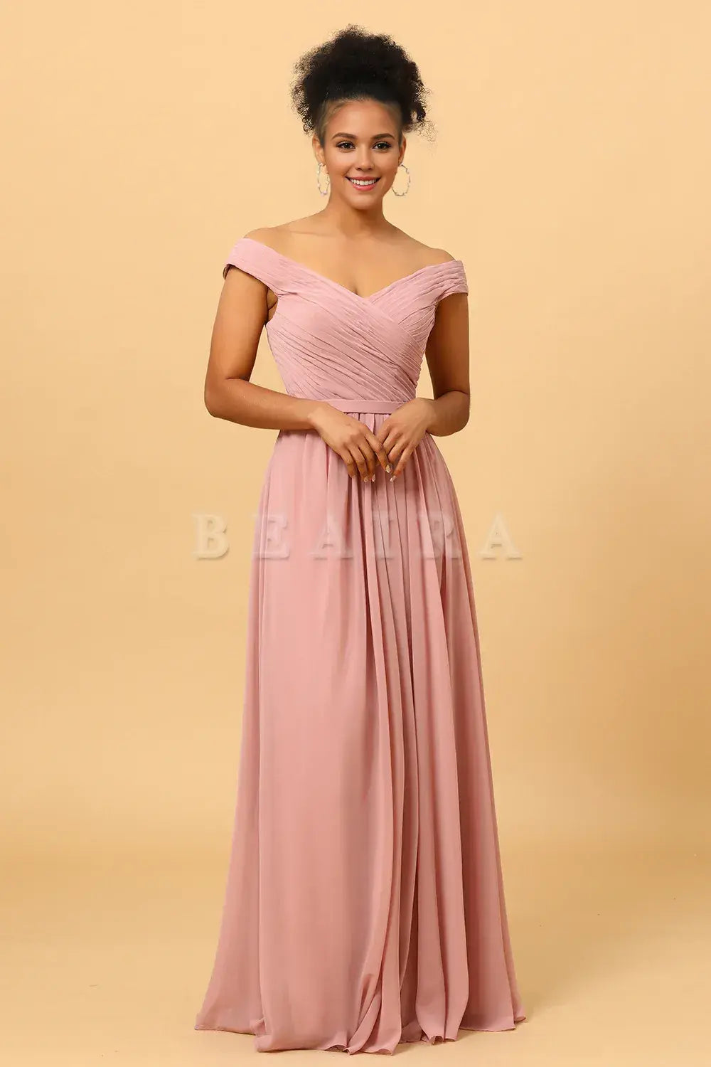 Beaira Elegant Dusty Rose Ruched Long Chiffon Bridesmaid Dress with Slit New Arrivals