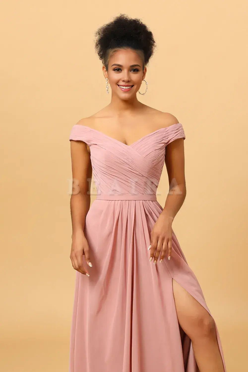 Beaira Elegant Dusty Rose Ruched Long Chiffon Bridesmaid Dress with Slit New Arrivals