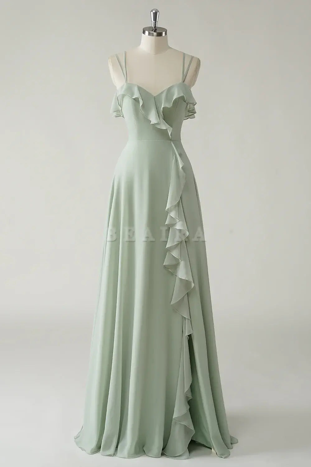 Beaira Elegant Dusty Sage A Line Spaghetti Straps Chiffon Long Bridesmaid Dress with Ruffle Slit