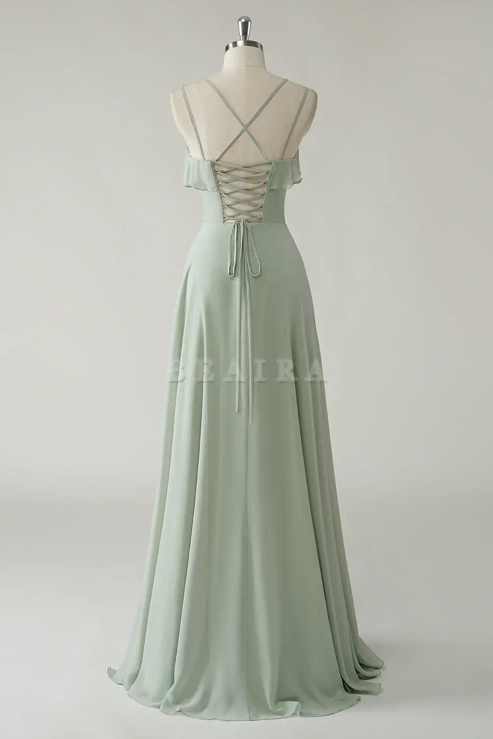 Beaira Elegant Dusty Sage A Line Spaghetti Straps Chiffon Long Bridesmaid Dress with Ruffle Slit