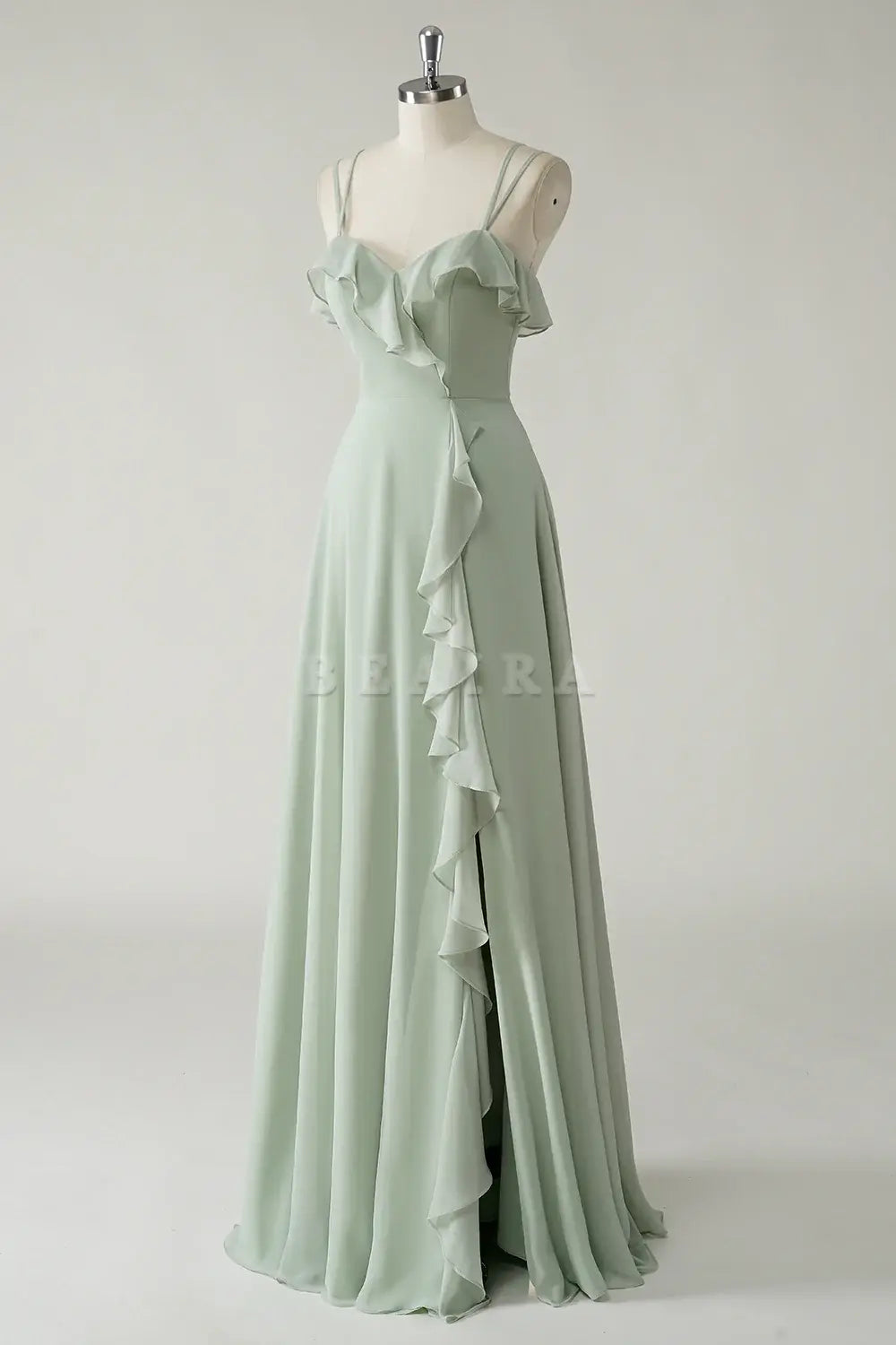 Beaira Elegant Dusty Sage A Line Spaghetti Straps Chiffon Long Bridesmaid Dress with Ruffle Slit