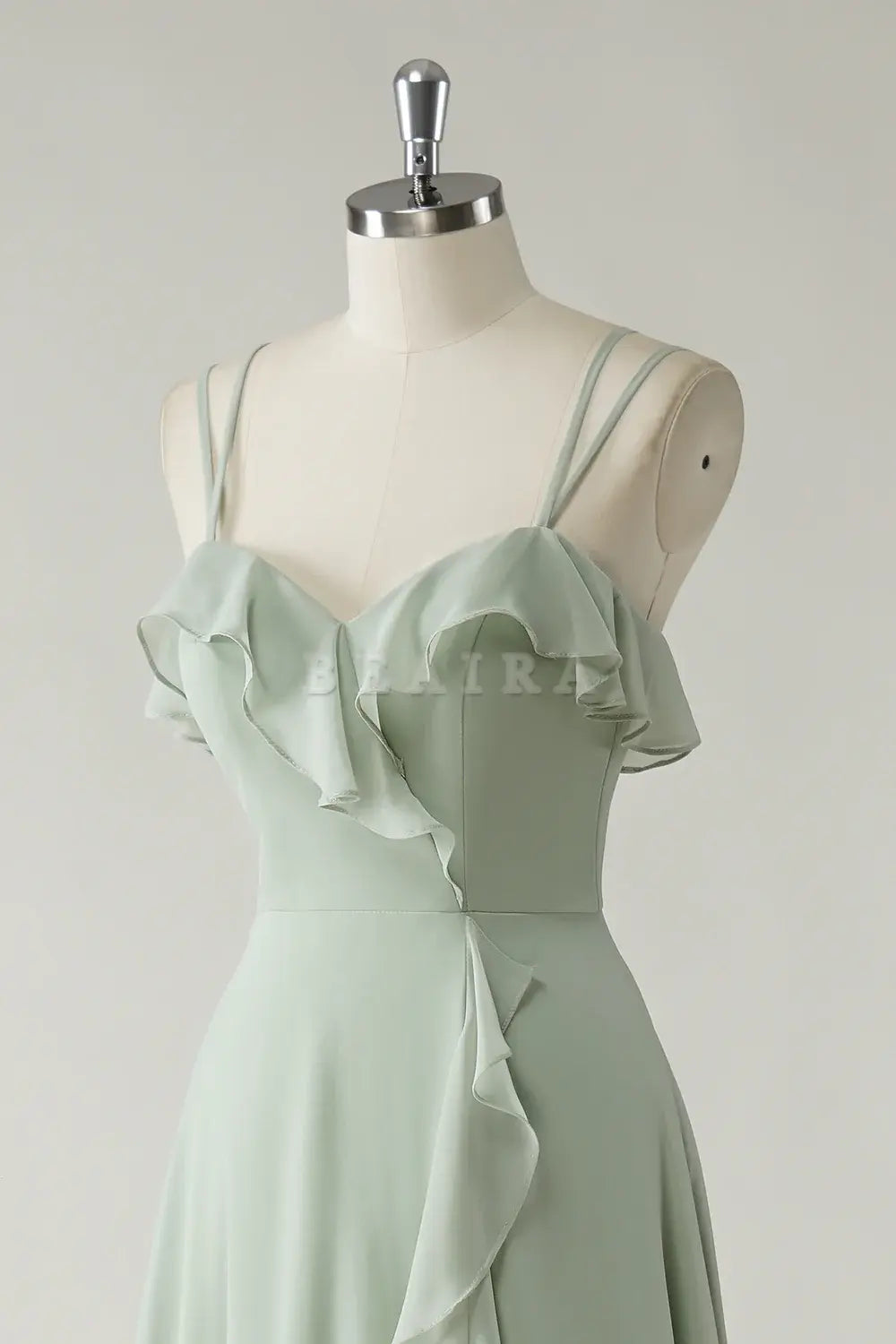Beaira Elegant Dusty Sage A Line Spaghetti Straps Chiffon Long Bridesmaid Dress with Ruffle Slit
