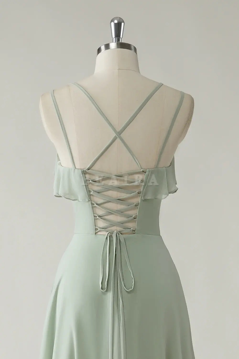 Beaira Elegant Dusty Sage A Line Spaghetti Straps Chiffon Long Bridesmaid Dress with Ruffle Slit