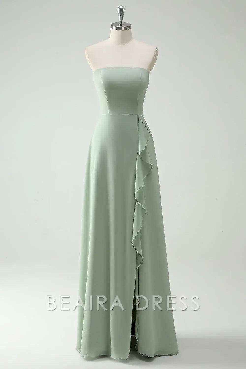 Beaira Elegant Dusty Sage A Line Strapless Chiffon Long Bridesmaid Dress with Ruffle Slit
