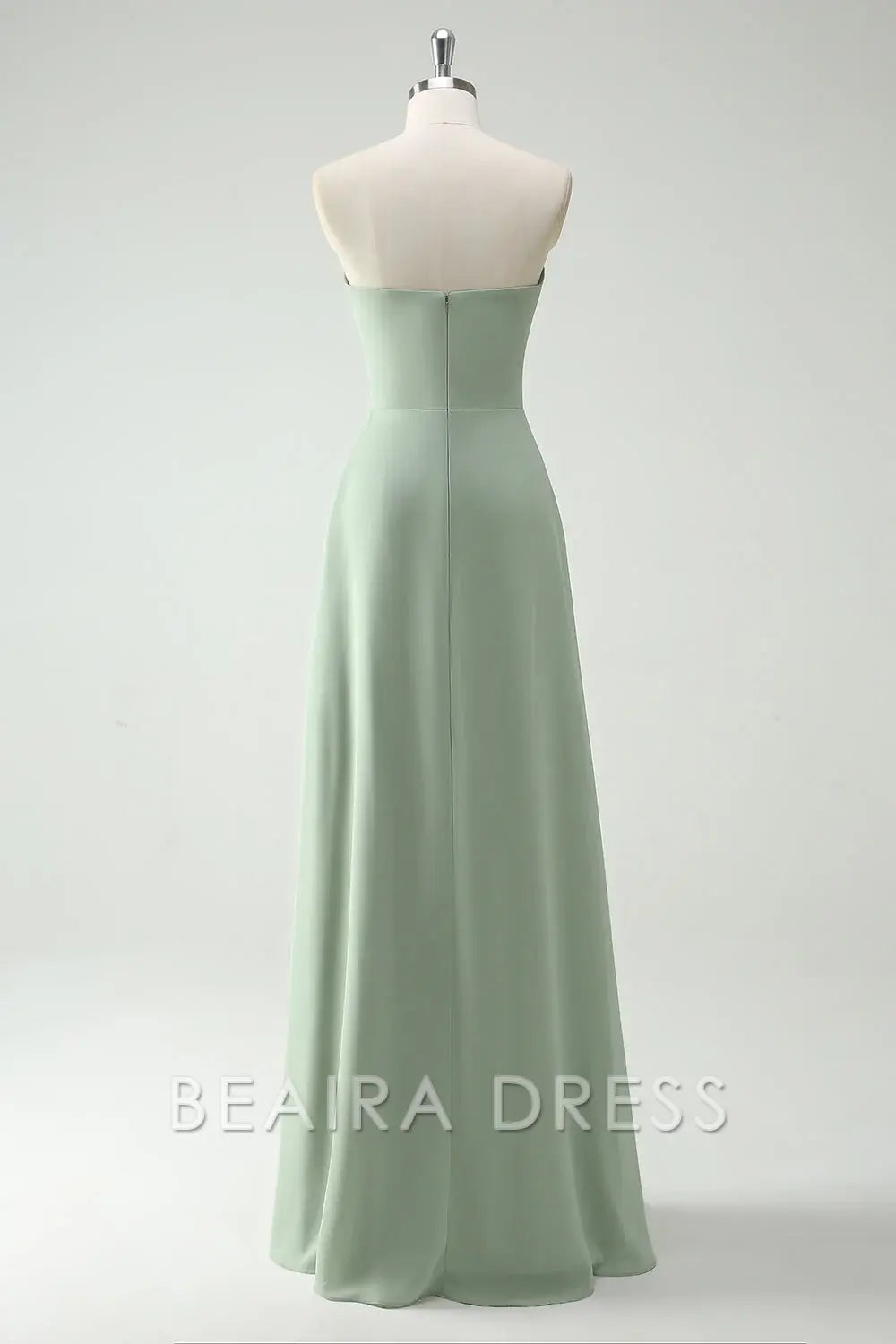 Beaira Elegant Dusty Sage A Line Strapless Chiffon Long Bridesmaid Dress with Ruffle Slit