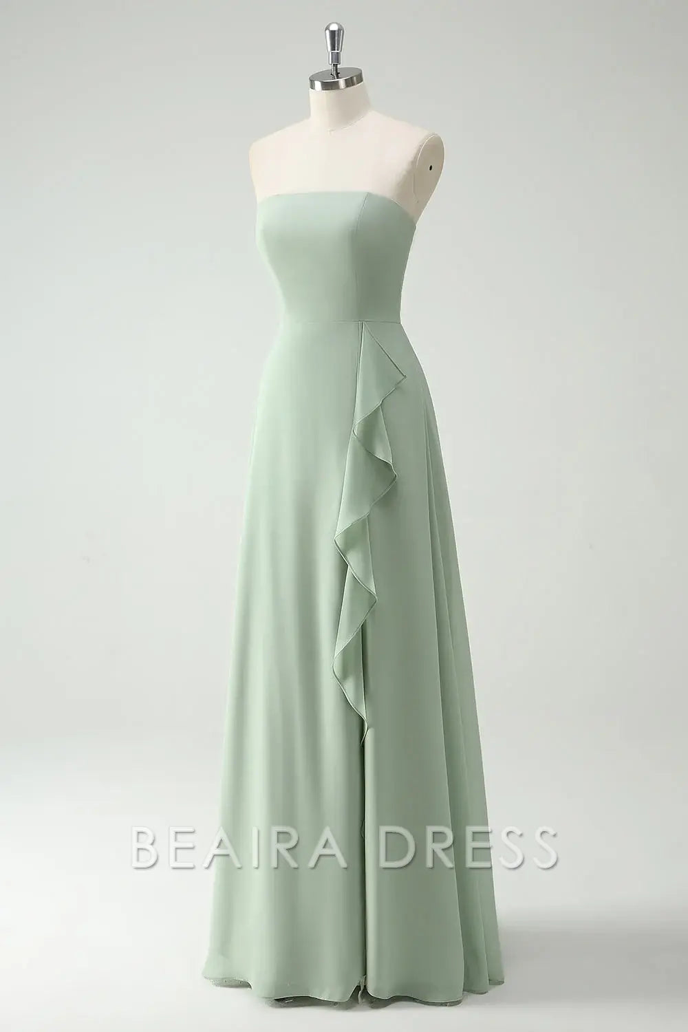 Beaira Elegant Dusty Sage A Line Strapless Chiffon Long Bridesmaid Dress with Ruffle Slit