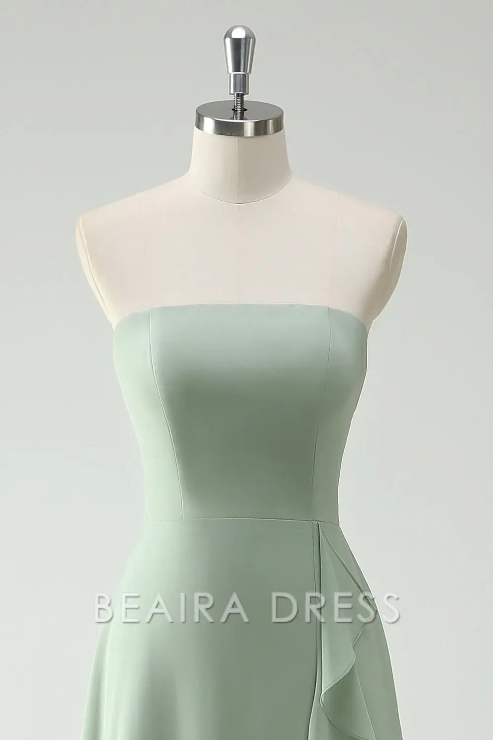 Beaira Elegant Dusty Sage A Line Strapless Chiffon Long Bridesmaid Dress with Ruffle Slit