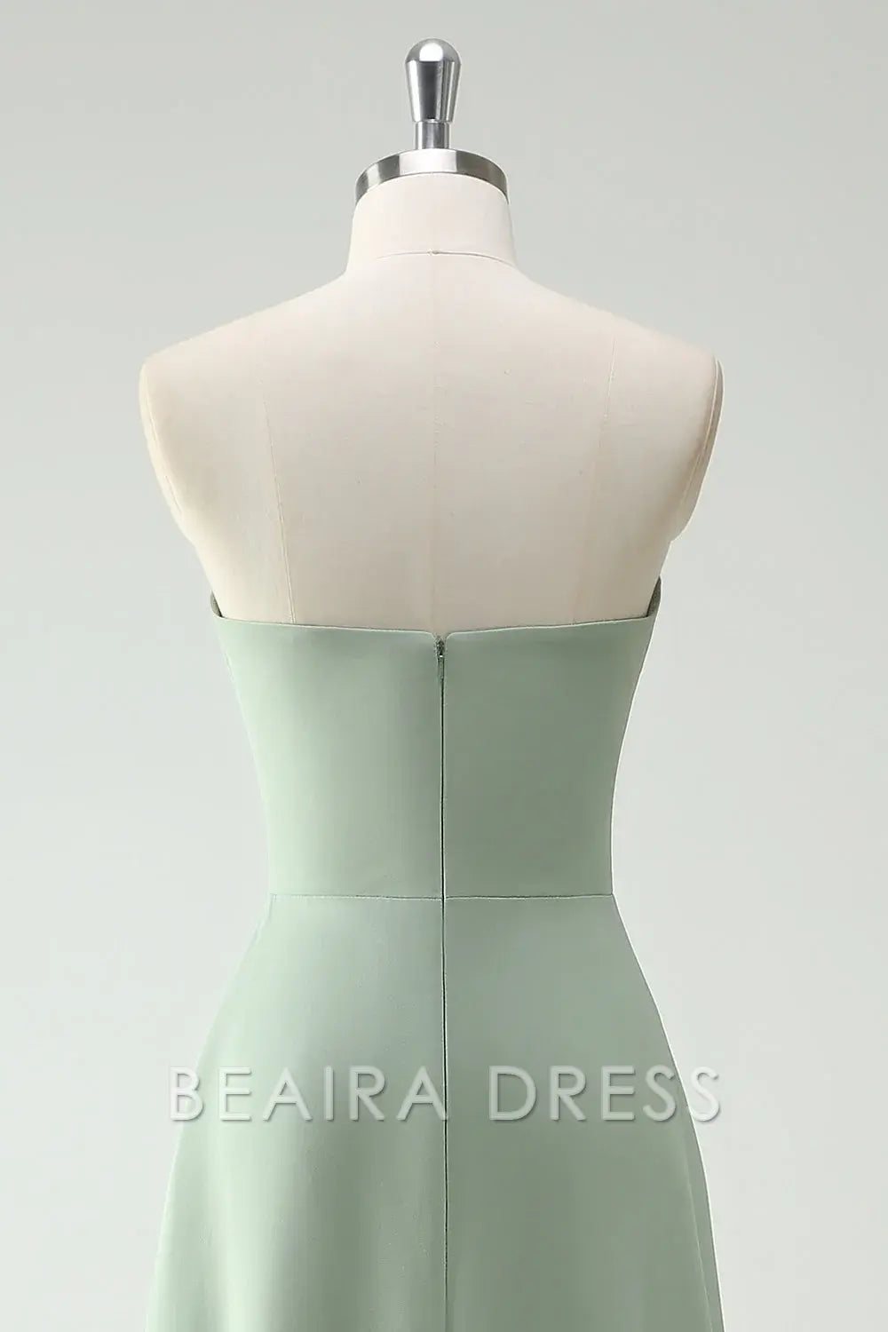 Beaira Elegant Dusty Sage A Line Strapless Chiffon Long Bridesmaid Dress with Ruffle Slit