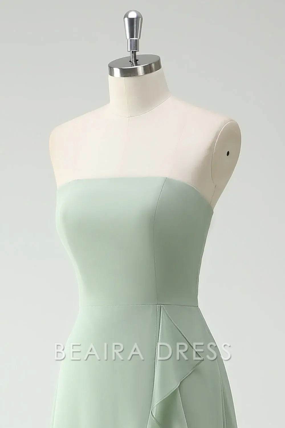 Beaira Elegant Dusty Sage A Line Strapless Chiffon Long Bridesmaid Dress with Ruffle Slit