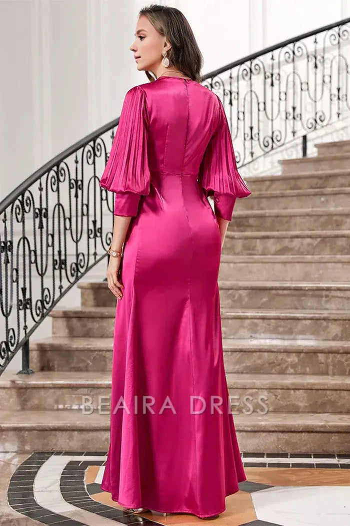 Beaira Elegant Fuchsia Pleated Long Prom Dress with Lantern Sleeves - Fuchsia