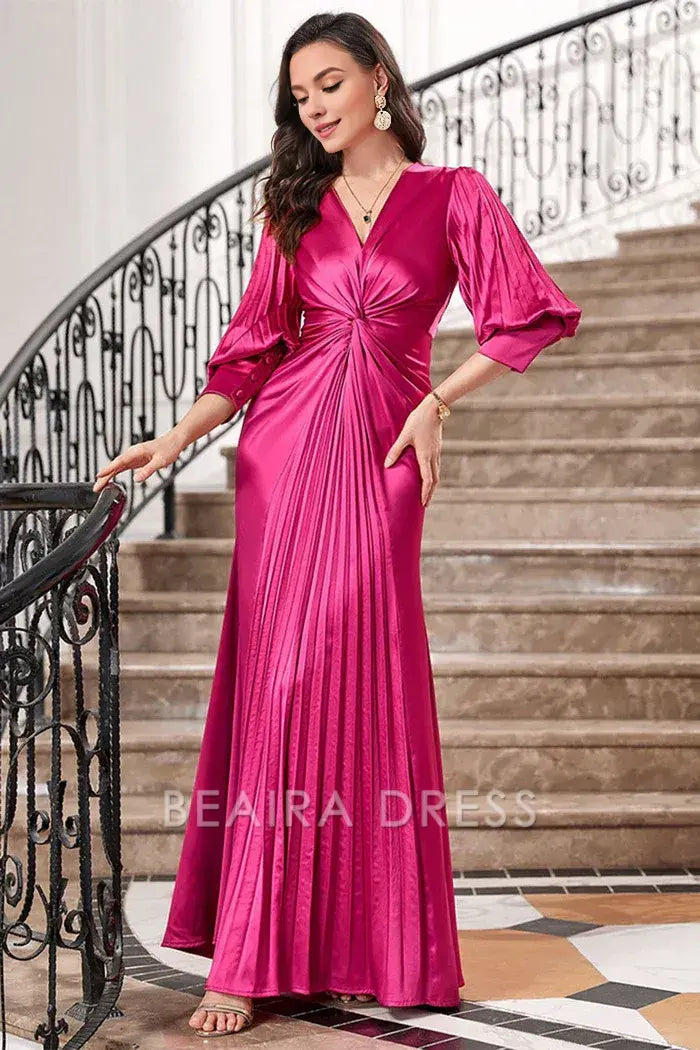 Beaira Elegant Fuchsia Pleated Long Prom Dress with Lantern Sleeves - Fuchsia