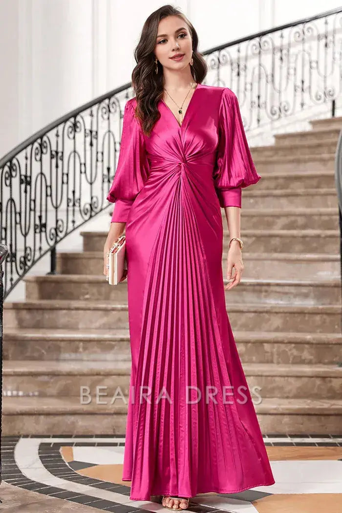 Beaira Elegant Fuchsia Pleated Long Prom Dress with Lantern Sleeves - Fuchsia