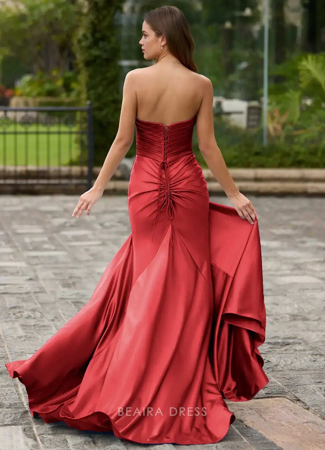 Elegant Glitz Mermaid Strapless Silk like Satin Slit Prom Dress with Pleats