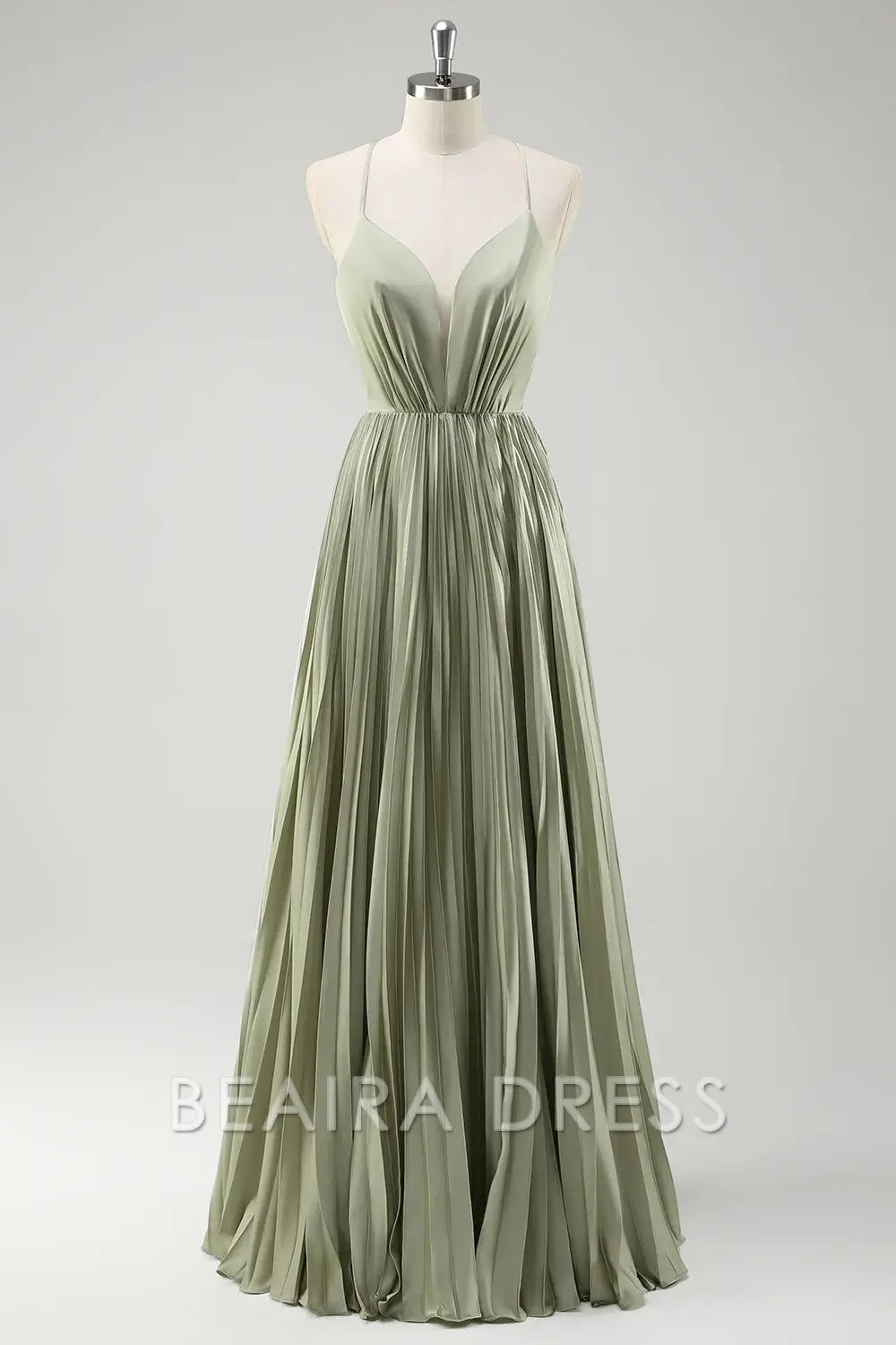 Beaira Elegant Grey Green A-Line Spaghetti Straps Pleated Long Bridesmaid Dress With Lace Up Back