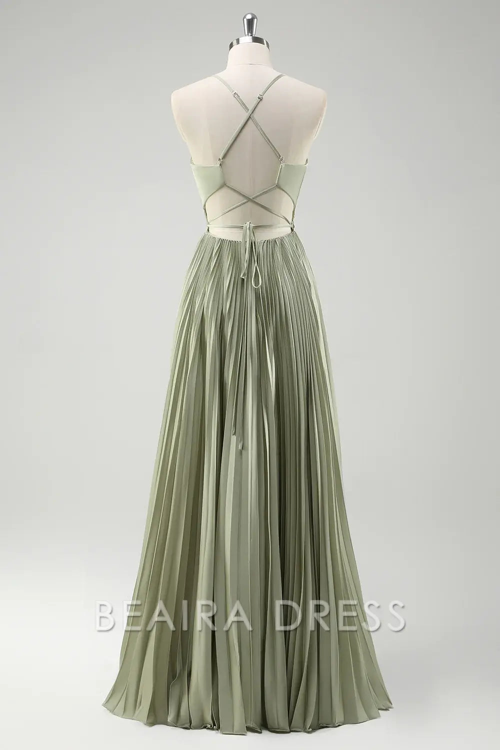Beaira Elegant Grey Green A-Line Spaghetti Straps Pleated Long Bridesmaid Dress With Lace Up Back