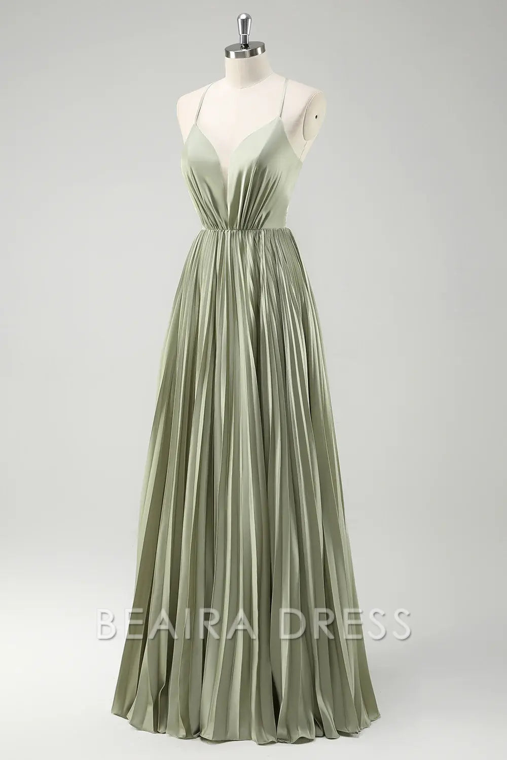 Beaira Elegant Grey Green A-Line Spaghetti Straps Pleated Long Bridesmaid Dress With Lace Up Back