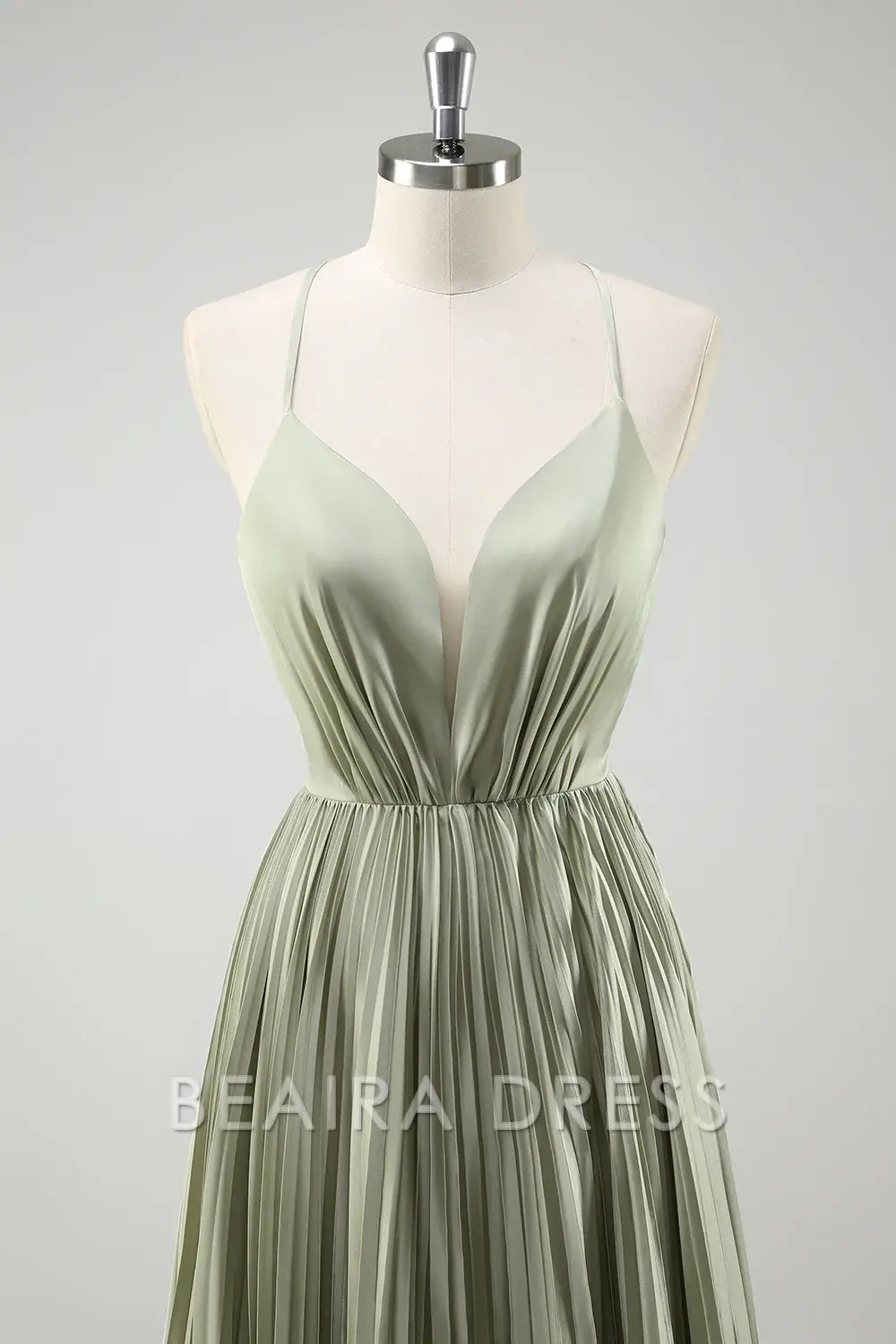 Beaira Elegant Grey Green A-Line Spaghetti Straps Pleated Long Bridesmaid Dress With Lace Up Back