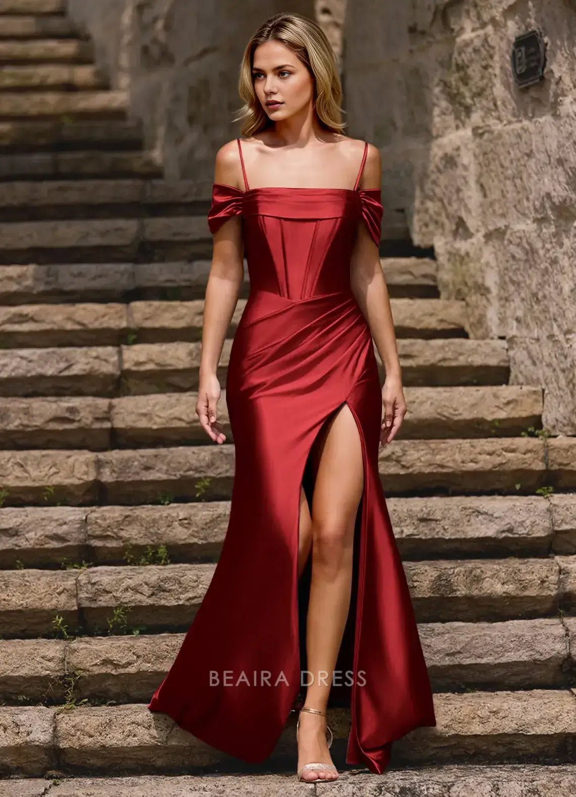 Elegant Halo Neptune Trumpet/Mermaid Cold-Shoulder Silk like Satin Ruched Corset Slit Prom Dress