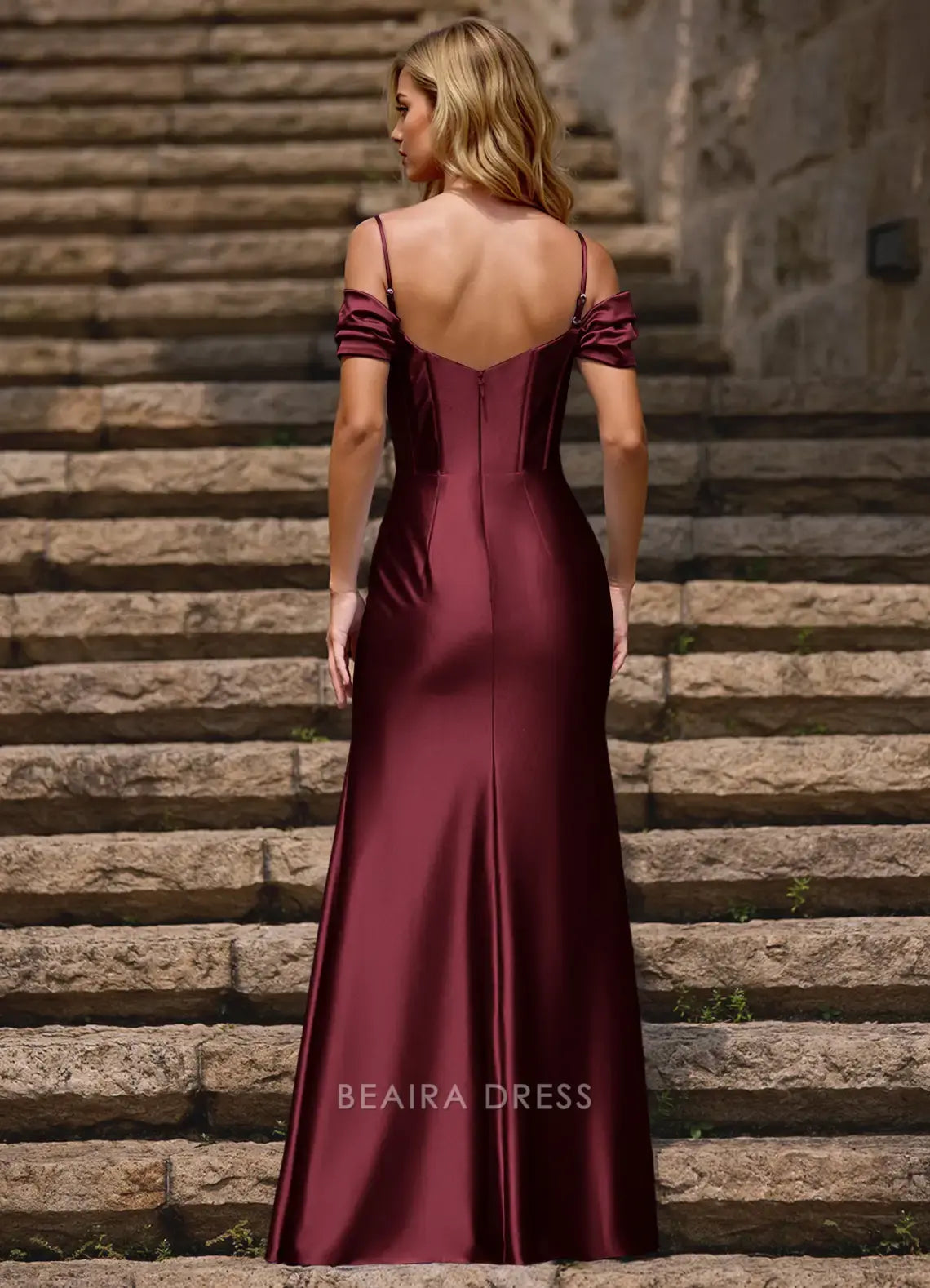 Elegant Halo Neptune Trumpet/Mermaid Cold-Shoulder Silk like Satin Ruched Corset Slit Prom Dress