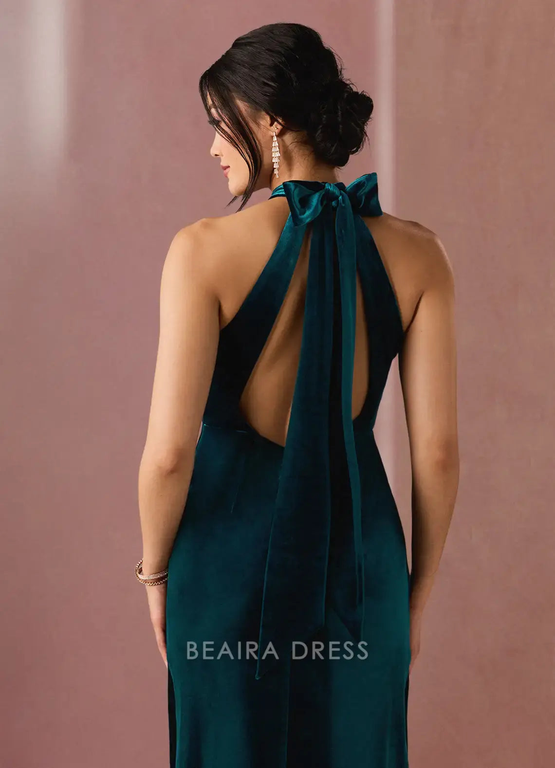 Elegant Halter Neck Velvet Maxi Dress with Side Slit and Bow Back Prom Dress