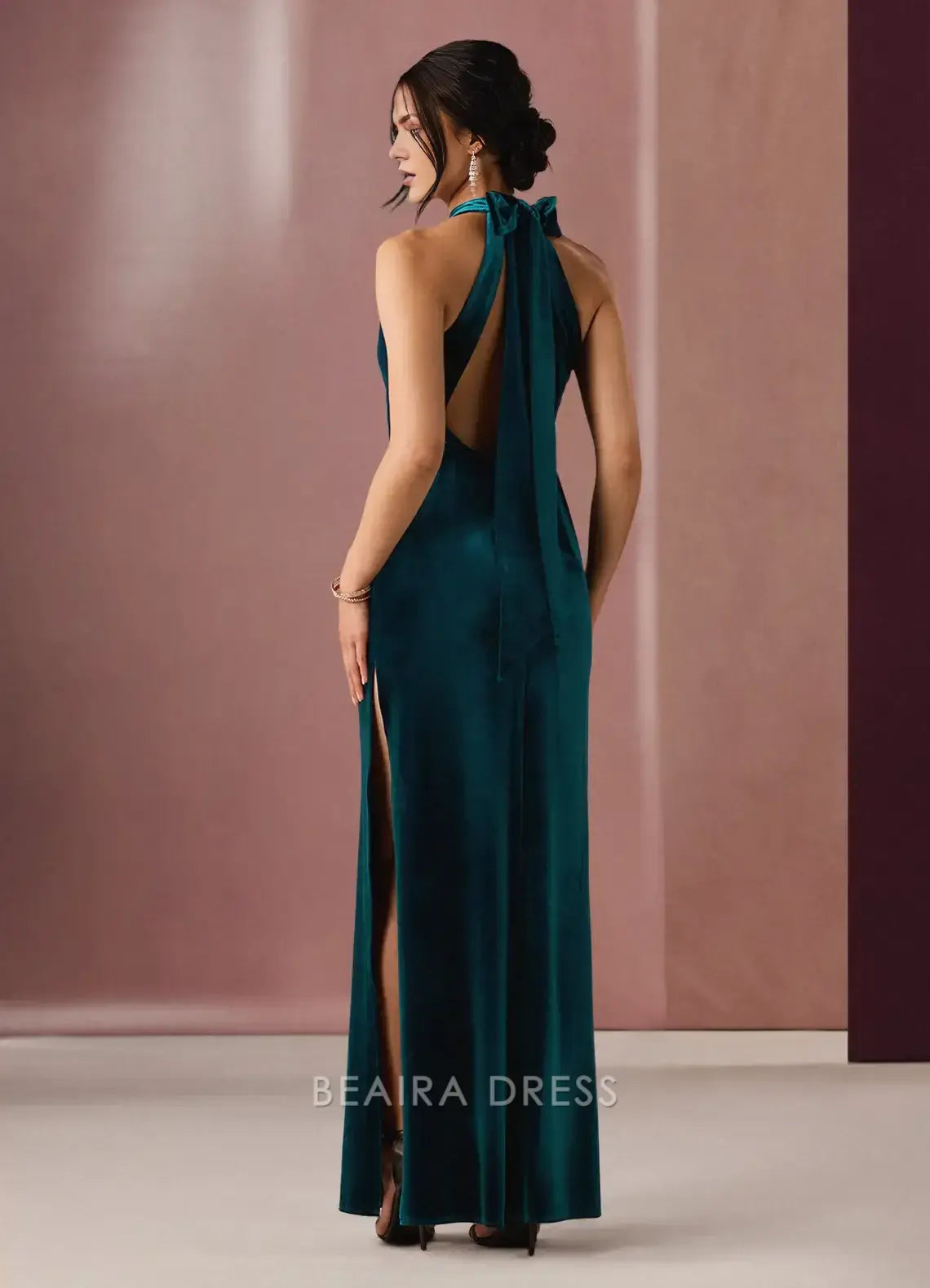 Elegant Halter Neck Velvet Maxi Dress with Side Slit and Bow Back Prom Dress